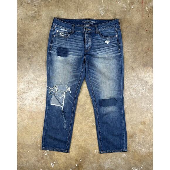 American Eagle Button-fly Boy Crop Jeans Women’s 10 Patch Distressed Medium Wash - Picture 1 of 10